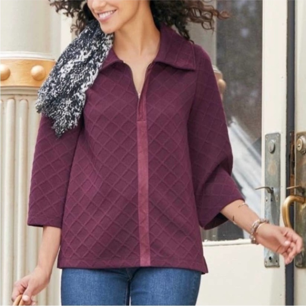 Soft Surroundings Sweater Dorothy Pullover 1/4 Zip Jacquard Top Sz 1X Maroon‎